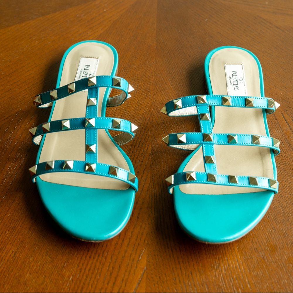 Valentino Rockstud Caged Flat Sandals in Teal Green